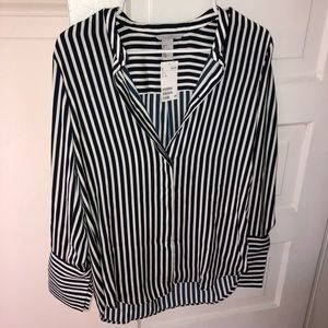 Navy blue and white striped blouse